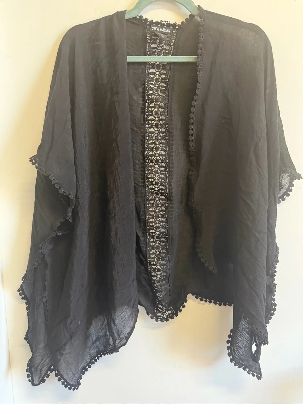 Steve Madden Black Lace Trim Sheer Kimono Cover Up One Size Boho Festival
